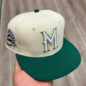Milwaukee Brewers Hat Men 7 1/4 White Green 59Fifty New Era Fitted Cap B10